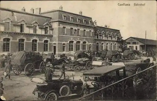 Ak Conflans Yvelines, Bahnhof, Autos, Fuhrwerke