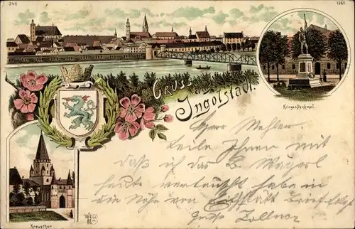 Wappen Litho Ingolstadt an der Donau Oberbayern, Kriegerdenkmal, Totalansicht, Kreuztor