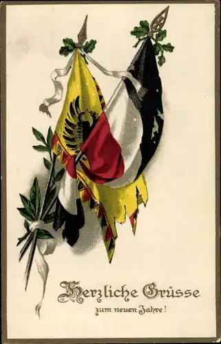 Ak Glückwunsch Neujahr, Fahnen, Lorbeer, Patriotik