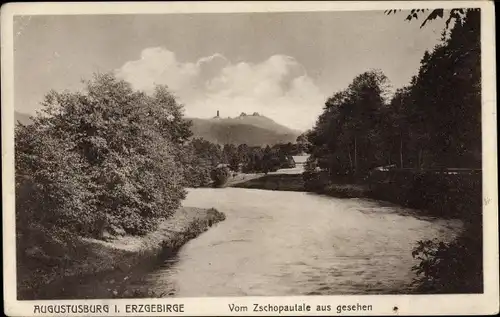 Ak Augustusburg im Erzgebirge, Blick vom Zschopautal aus, Burg mit Wirtschaft