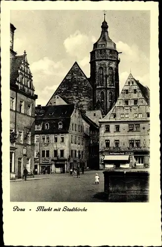 Ak Pirna an der Elbe, Markt mit Stadtkirche
