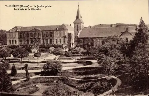 Ak Gueret Creuse, Le Jardin public, Le Musee, La Chapelle
