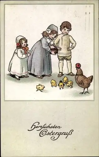 Ak Glückwunsch Ostern, Kinder mit Osterküken