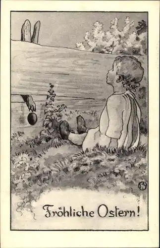 Künstler Ak Glückwunsch Ostern, Osterhase schenkt dem Kind ein Osterei