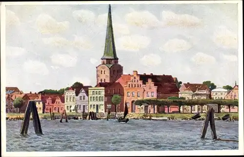 Künstler Ak Travemünde Lübeck, Blick auf die Stadt und Kirche
