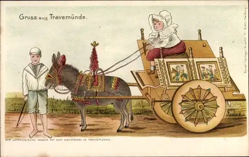 Litho Travemünde Lübeck, Japanesischer Wagen mit dem Zwergesel