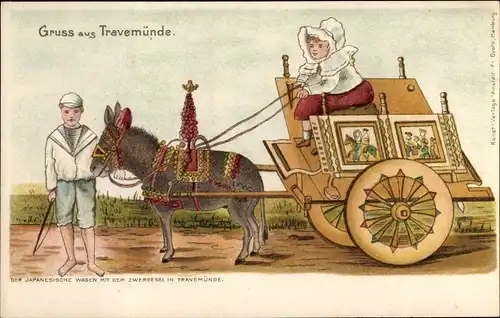 Litho Travemünde Lübeck, Japanesicher Wagen mit dem Zwergesel