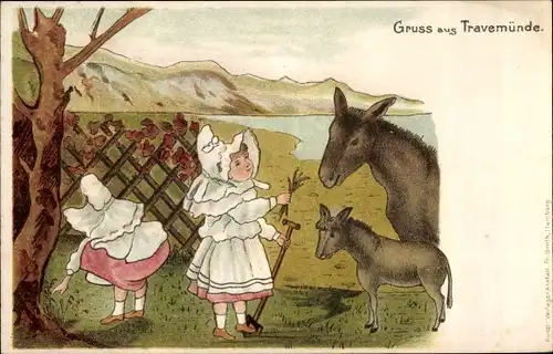 Litho Travemünde Lübeck, Mädchen füttert Esel