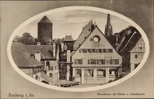 Passepartout Ak Freiberg in Sachsen, Donatsturm mit Kirche, Donatsgasse