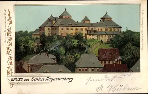 Künstler Litho Dutzauer, Augustusburg Erzgebirge, Häuser, Burg auf dem Berg