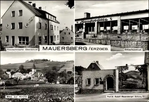 Ak Mauersberg Großrückerswalde im Erzgebirge, Polytechnische Oberschule, Einkaufszentrum, Kirche