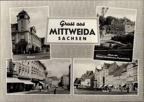 Ak Mittweida in Sachsen, Postamt, Platz der Deutsch Sowjetischen Freundschaft, Markt