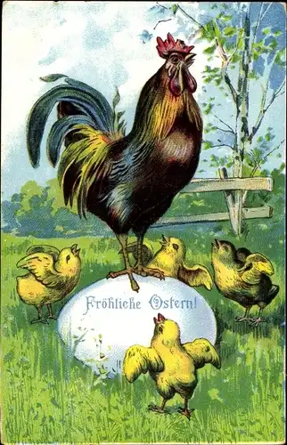 Ak Glückwunsch Ostern, Hahn auf dem Osterei und Osterküken