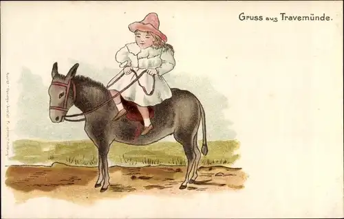 Litho Travemünde Lübeck, Mädchen auf dem Esel reitend