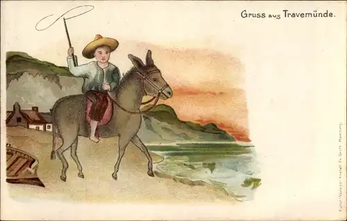 Litho Travemünde Lübeck, Junge auf dem Esel reitend