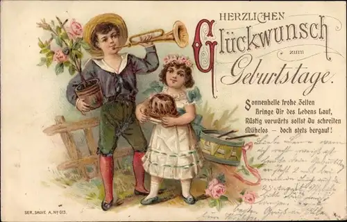 Litho Glückwunsch Geburtstag, Junge mit Trompete und Rosenstock, Mädchen mit Napfkuchen