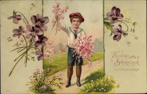 Präge Litho Glückwunsch Geburtstag, Junge im Matrosenanzug mit Blütenzweigen, Veilchen