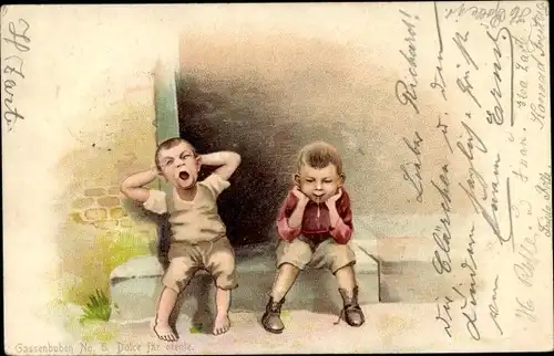 Litho Gassenbuben No. 6, Dolce far niente, zwei Jungen sitzen auf einer Stufe