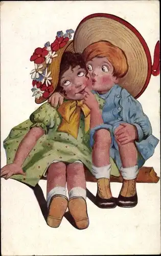 Künstler Ak Junge küsst Mädchen auf die Wange, Strohhüte