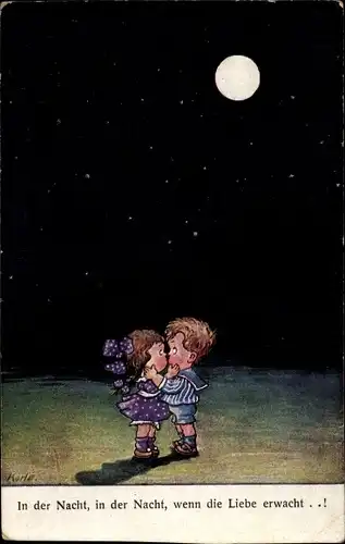 Künstler Ak Korle, In der Nacht wenn die Liebe erwacht, küssende Kinder