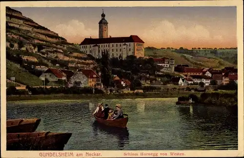 Ak Gundelsheim am Neckar, Schloss Hornegg von Westen, Ruderboot