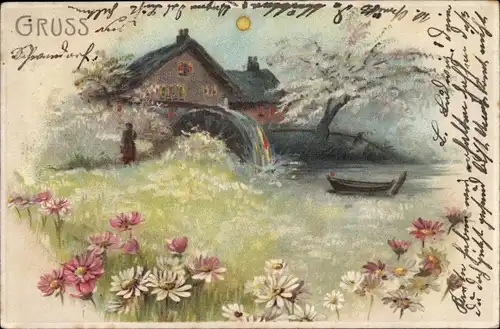 Litho Wassermühle im Mondschein, Blüten