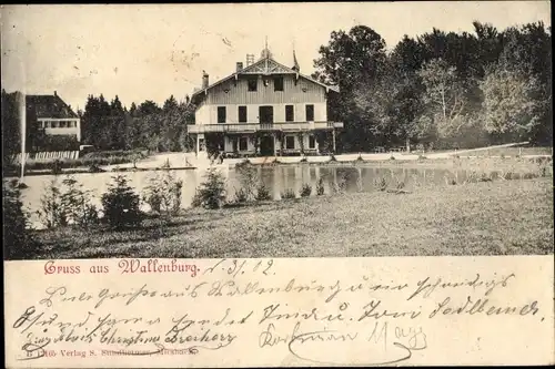 Ak Wallenburg Miesbach in der Region Oberland Oberbayern, Teilansicht mit Teich, Haus