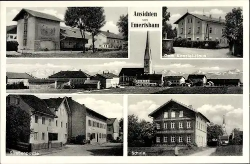 Ak Emertsham Tacherting Oberbayern, Gemeindekanzlei, Schule, Straßenpartie, Totalansicht