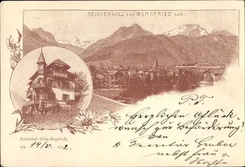 Litho Bad Reichenhall in Oberbayern, Villa Bergfried, Blick auf den Ort