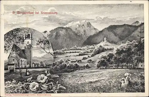 Künstler Ak Sankt Margarethen Brannenburg im Kreis Rosenheim Oberbayern, Bergkirche, Gebirge