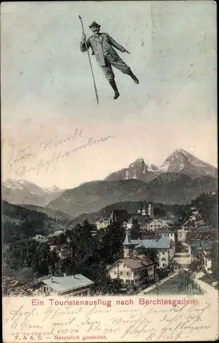 Ak Berchtesgaden in Oberbayern, Mann fliegt über den Ort, Fotomontage