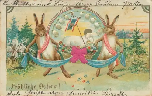 Stoff Präge Litho Glückwunsch Ostern, Zwei Osterhasen tragen Lamm in einem Weidenkorb