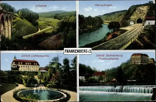 Ak Frankenberg an der Zschopau Sachsen, Lützeltal, Harrasfelsen, Schloss Lichtenwalde