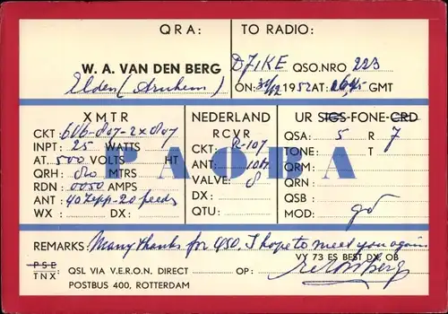 Ak Rotterdam Südholland Niederlande, W. A. van den Berg, To radio DJIKE, Funkerkarte