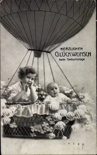 Ak Glückwunsch Geburtstag, Kinder im Heißluftballon