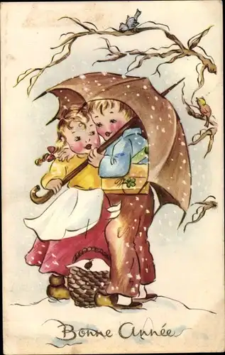 Ak Glückwunsch Neujahr, Kinder unter Schirm, Schnee