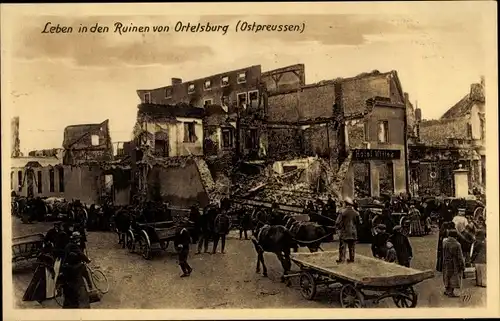 Ak Szczytno Ortelsburg Ostpreußen, Leben in den Ruinen, Kriegszerstörungen, WK I, Pferdewagen