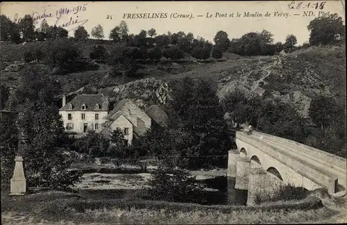 Ak Fresselines Creuse, Le Pont et le Moulin de Vervy