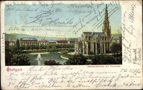 Ak Stuttgart am Neckar, Johanniskirche mit Feuersee
