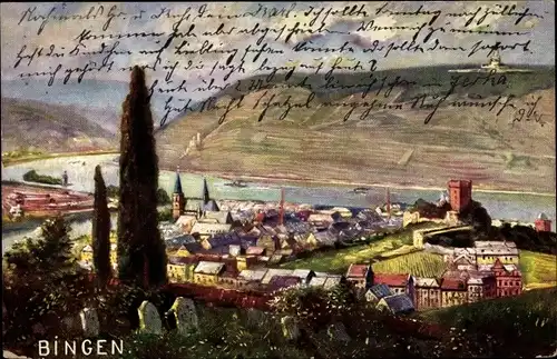 Künstler Ak Bingen am Rhein, Partie in der Innenstadt und Flusslauf mit Burg