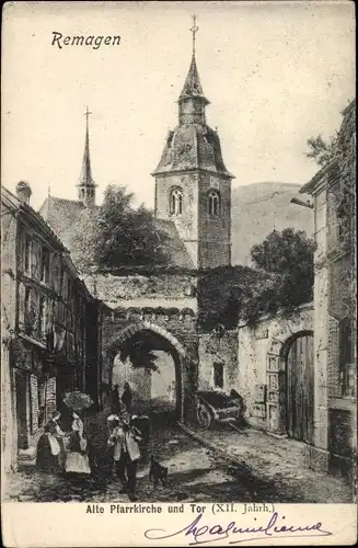 Künstler Ak Remagen am Rhein, alte Pfarrkirche und Tor