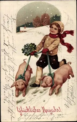 Litho Glückwunsch Neujahr, Junge mit zwei Schweinen an der Leine, Kleeblätter, Schneefall