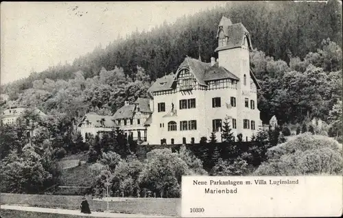 Ak Mariánské Lázně Marienbad Region Karlsbad, Neue Parkanlagen mit Villa Luginsland