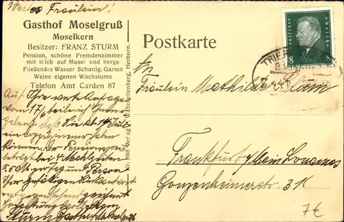 Ak Moselkern Rheinland Pfalz, Gasthof Moselgruß, Inh. Franz Sturm