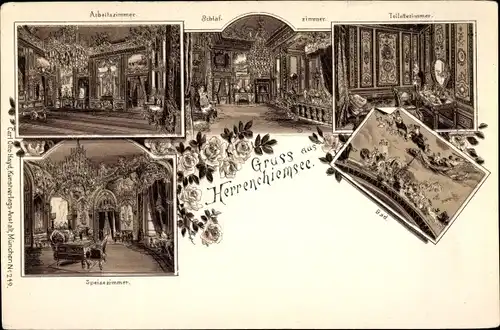 Litho Herrenchiemsee Chiemsee Oberbayern, Schloss, Arbeitszimmer, Schlafzimmer, Speisezimmer, Bad