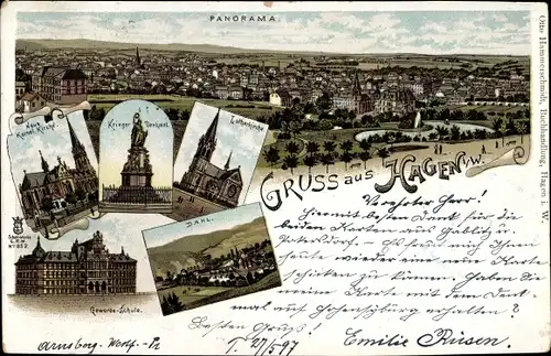 Litho Hagen in Westfalen, Panorama, Kirche, Denkmal, Dahl, Gewerbeschule