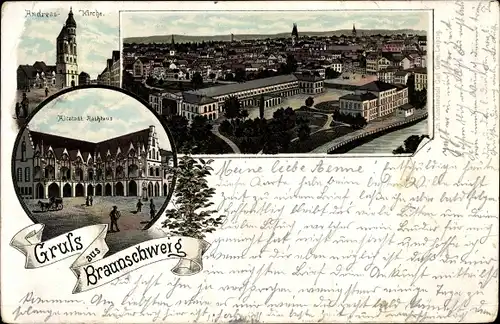 Litho Braunschweig in Niedersachsen, Andreaskirche, Rathaus, Panorama