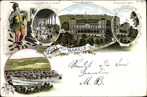 Vorläufer Litho Hameln in Niedersachsen, Dreyers Berggarten, Hotel, Panorama, Rattenfänger