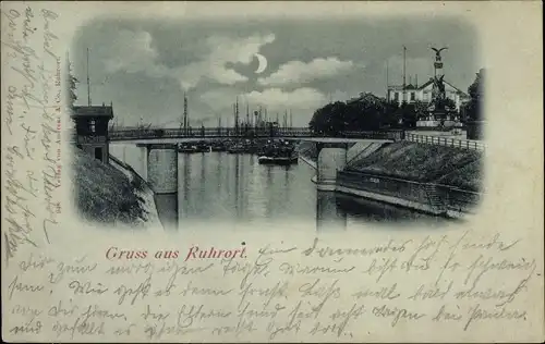 Mondschein Ak Ruhrort Duisburg im Ruhrgebiet, Hafen, Denkmal