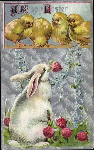 Ak Glückwunsch Ostern, Happy Easter, Küken, Osterhase, Klee, Vergissmeinnicht